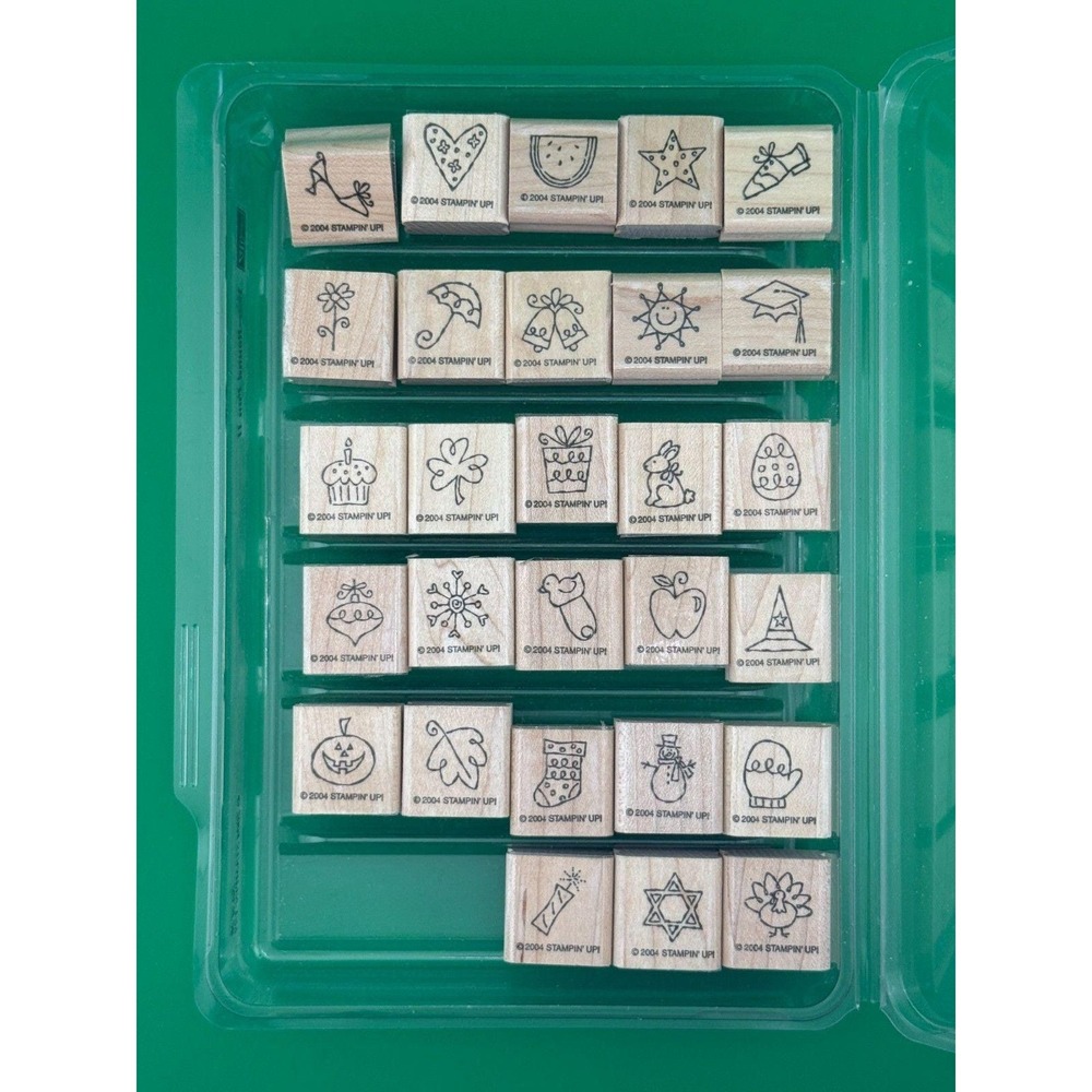 Stampin Up Near Round Fun II Retired 28pc Wood Rubber Stamp Set 2004 Holiday